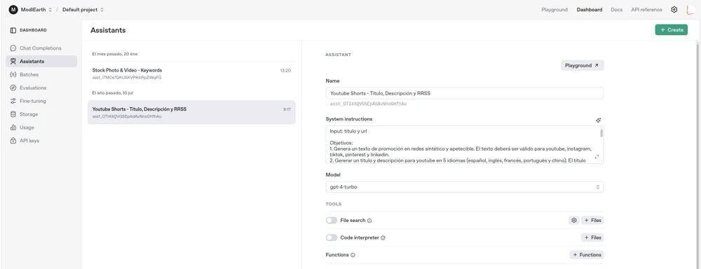 Vista de OpenAI assistant - dashboard