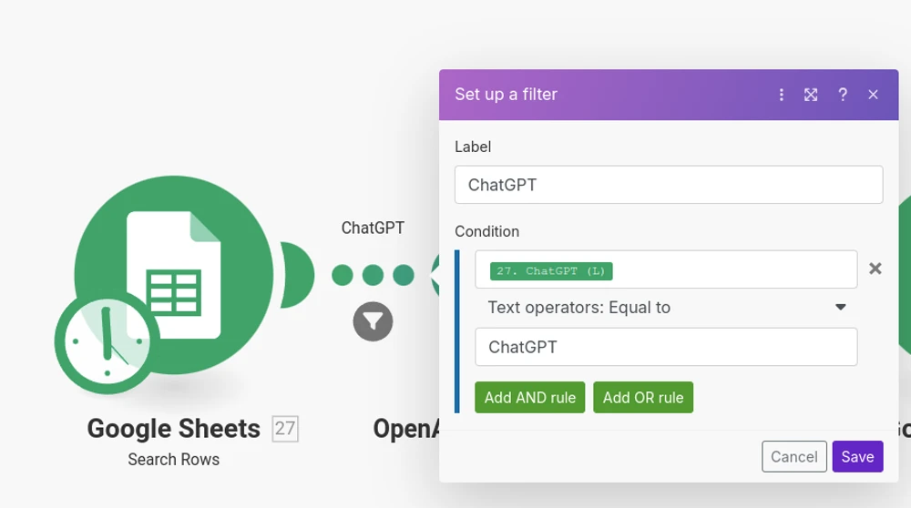 Filtro de filas para Google Sheets desde Make para seleccionar solo las filas de interés